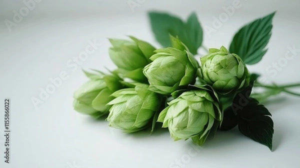 Fototapeta Fresh green hop cones arranged elegantly with leaves showcasing natural beauty and ample space for text or branding purposes