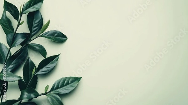 Fototapeta Close up of fresh green tea leaves on a soft green background highlighting organic growth and providing ample copy space for text