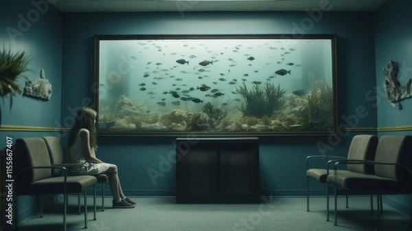 Fototapeta a wide shot a a really gray and boring waiting room, a young girl is looking at a small fish tank in the corner, dramatic, cinematic, 