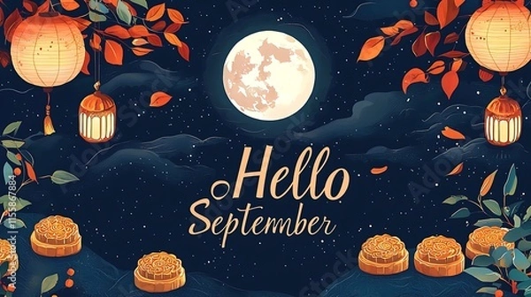 Fototapeta A poster with a moon and lanterns that says Hello September