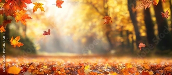 Fototapeta Autumn park scene with vibrant fallen leaves creating a serene atmosphere and ample space for text or overlay designs