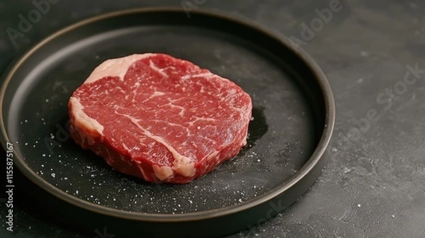 Fototapeta Fresh raw ribeye steak on a black frying plate ready for grilling with ample space for text showcasing gourmet cooking presentation