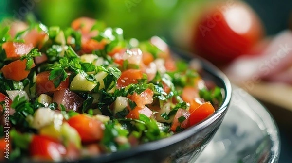 Fototapeta Fresh Mediterranean Salad with Olive Oil and Parsley in a Bowl Featuring Vibrant Vegetables and Plenty of Copy Space for Text