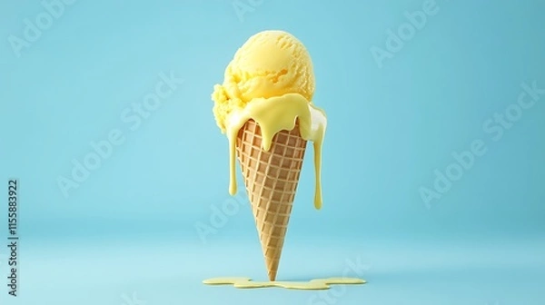 Fototapeta Illustrate a minimalistic 3D scene featuring a waffle cone with yellow mango ice cream melting and dripping down
