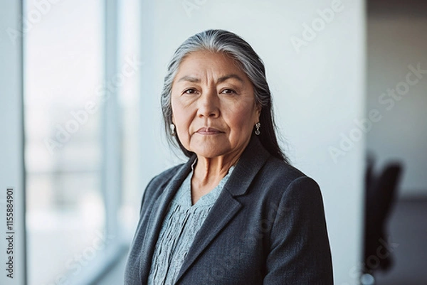 Obraz A minimalistic portrait of a mature Asian woman with long gray hair, dressed in a black suit, exuding confidence in a modern office environment