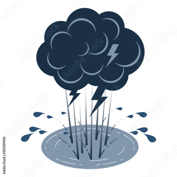 Obraz Storm cloud, lightning bolt, splash rainfall portray explosive impact of sudden, heavy downpour. Powerful visual statement on extreme weather, flooding, and growing intensity of climate change event.