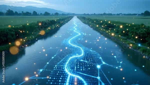 Obraz Expansive River System Flowing into a Digital Neural Network Extending Across the Horizon