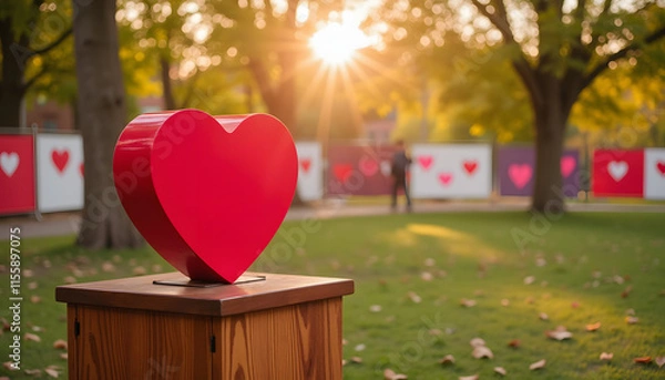 Obraz Large donation box for Valentine's Day in a park setting, surrounded by vibrant heart decorations