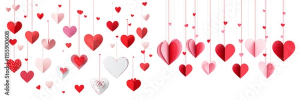 Obraz Set of a Happy Valentine's Day background with paper hearts hanging on strings, flat lay, isolated on transparent background.