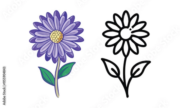 Fototapeta Colorful and Outline Daisy Vector Illustrations, Two daisy vector illustrations, one in vibrant colors and the other in simple black outline. Ideal for crafting and graphic design.
