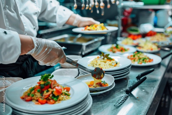 Fototapeta Elegant creation of gourmet culinary masterpiece in a luxurious high end restaurant kitchen generative AI