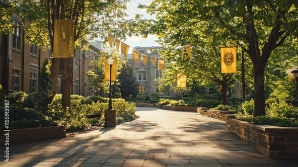 Fototapeta A scenic view of a university campus with graduation banners and flags, capturing the spirit of celebration and achievement,
