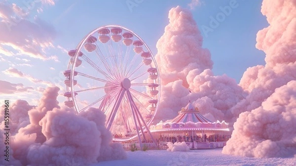 Fototapeta Pink Ferris Wheel And Carousel In A Cloudy Sky
