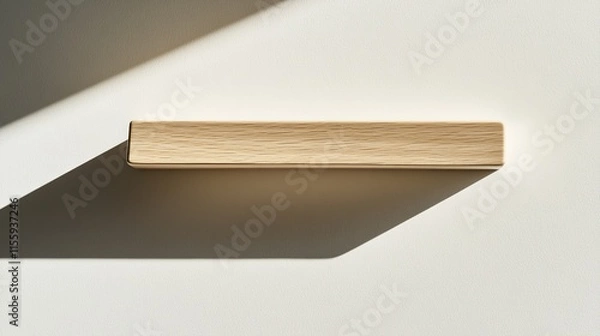 Fototapeta Minimalist wooden shelf casting soft shadow on light background,