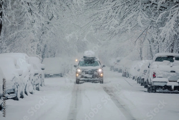 Fototapeta Front View of SUV Car driving through urban City during heavy Snowfall. Street, Cars and Trees covered in heavy Snow; Copyspace