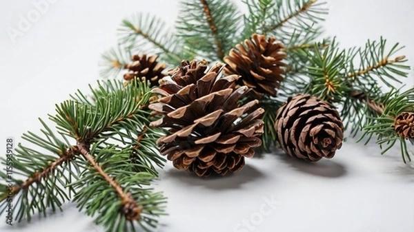 Obraz Pine cones and fir branches on white background