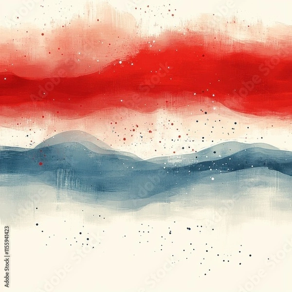 Fototapeta Painting of a mountain range with a red, white, and blue background