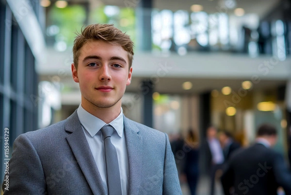 Fototapeta A young male model, dressed in a gray suit and tie, stands among office workers in the background.