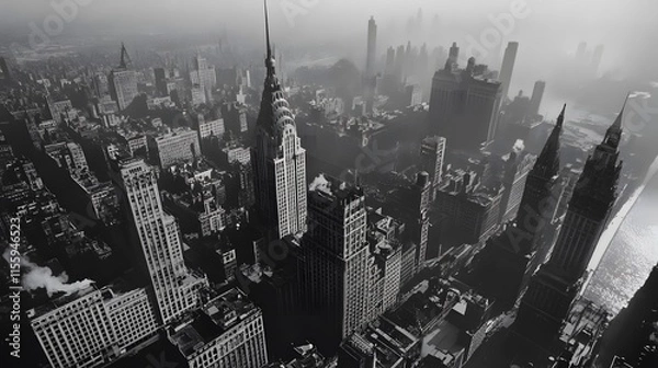 Fototapeta Aerial view of Midtown Manhattan skyscrapers in fog, 1940s.