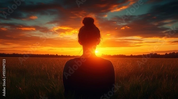 Fototapeta A woman stands in a grassy field, gazing at a vibrant sunset. Shades of orange and purple fill the sky as the sun dips below the horizon, creating a peaceful atmosphere