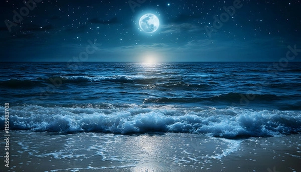 Fototapeta Full moon over tranquil ocean at night, starry sky, waves on sandy beach