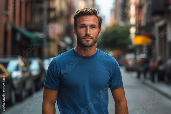 Fototapeta Young man stands confidently on urban street in afternoon sunlight