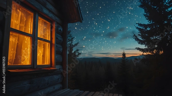 Fototapeta Cozy Cabin Night in the Forest with Starry Sky