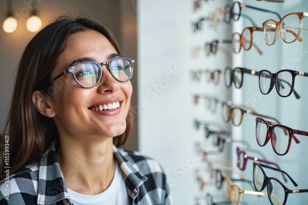 Fototapeta Happy woman trying on glasses while looking at a display in an optical store