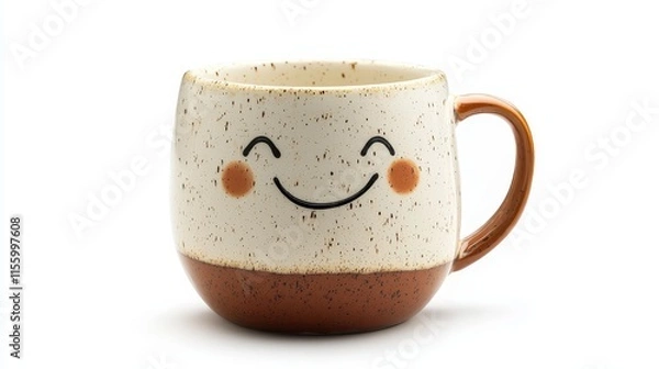Fototapeta A cute ceramic coffee mug with a funny design on a white isolated background