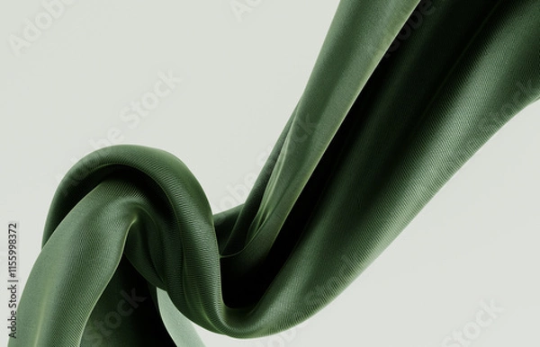 Fototapeta 3D rendering close-up of a flowing, olive green fabric. Elegant Cloth material creating a sense of depth and luxuriousness, adding a dynamic and organic element to the composition.