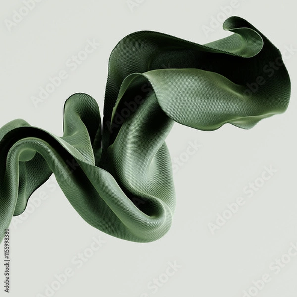 Fototapeta Dynamic 3D rendering flowing olive green fabric. The fabric billows and twists, creating an abstract organic form against a clean, light backdrop.