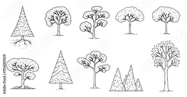 Fototapeta Top view and side view, set of graphics trees elements outline symbol for architecture and landscape design drawing. Vector illustration