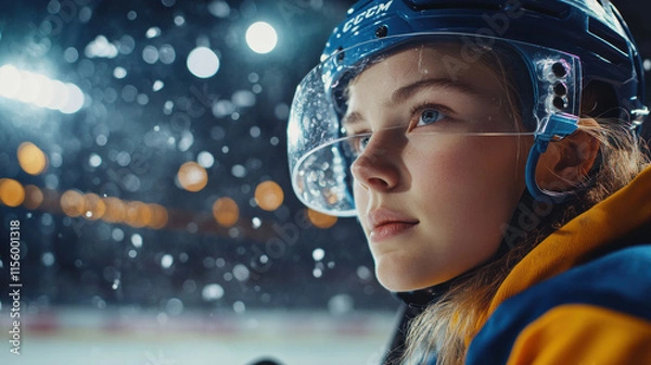 Fototapeta A close-up portrait of a young female hockey player wearing a blue helmet and visor, focused and determined. The background features a blurred ice rink with glowing lights and snow-like particles, add