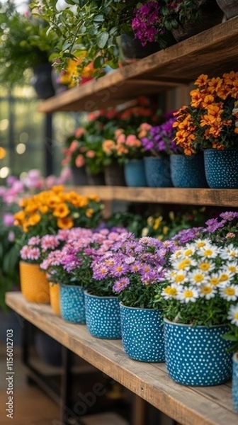Fototapeta Colorful display of flowers in pots on wooden shelves in a market setting