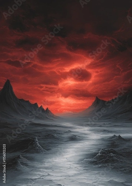 Fototapeta A desolate landscape with a red sky and a long, narrow path