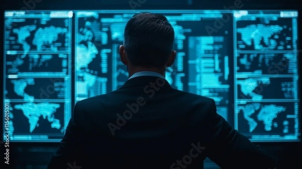 Obraz A man in a suit analyzes data on multiple digital screens, showcasing a high-tech environment filled with maps and graphs.