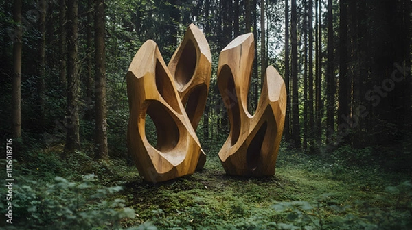 Fototapeta Abstract Wooden Sculptures in a Lush Forest Setting
