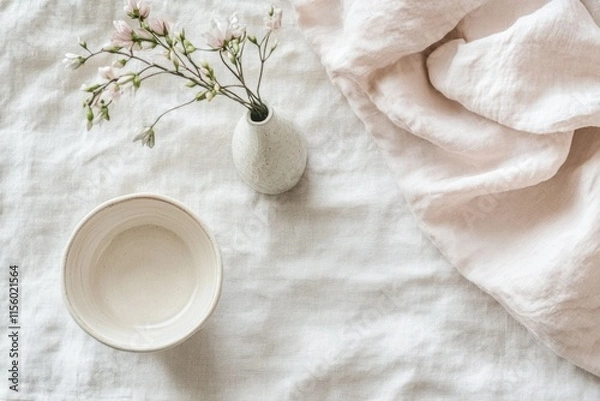 Fototapeta Simple aesthetic flatlay featuring a bowl, vase of flowers, and linen fabric.
