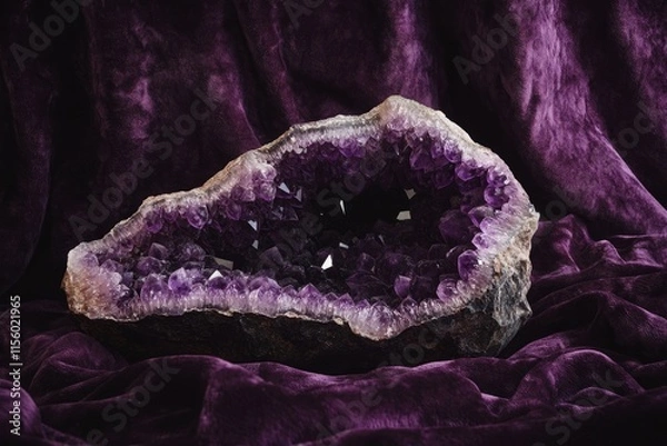 Fototapeta A geode of amethyst crystals, showcasing vibrant purple hues and intricate formations, rests on a luxurious purple velvet.