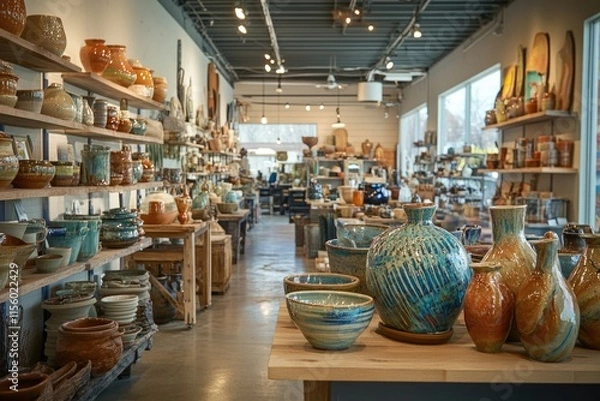 Fototapeta A pottery shop showcases a wide array of handcrafted ceramic bowls, vases, and other decorative items.