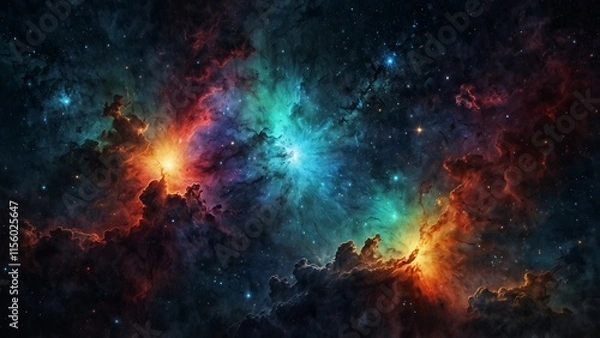 Fototapeta Spectacular cosmic nebula displaying intense oranges and reds contrasting with cool blues and greens, ideal for science events and space exploration celebrations