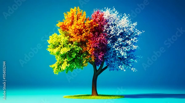 Fototapeta 
beautiful tree, vector style showing all 4 seasons from left to right on this tree, spring, summer, fall, winter, plain blue background, vector art style, seasons in order, no sharpe lines deviding s