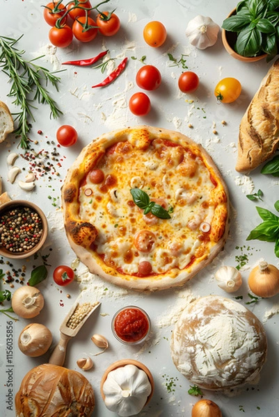 Fototapeta A Californiastyle pizza topped with sundried tomatoes, surrounded by an assortment of fresh vegetables and spices, placed on a table