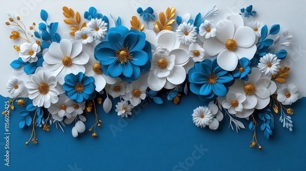 Fototapeta A stunning arrangement of 3D blue and white flowers with golden accents, artistically crafted on a gradient blue canvas, symbolizing elegance and creativity in art.