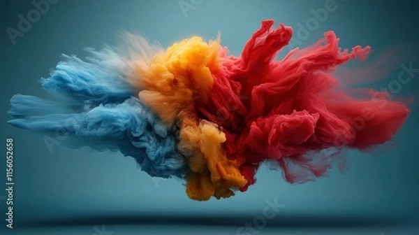 Obraz A stunning blend of blue, yellow, and red colors intertwines, producing a vivid and dynamic abstract cloud-like composition against a soft background.