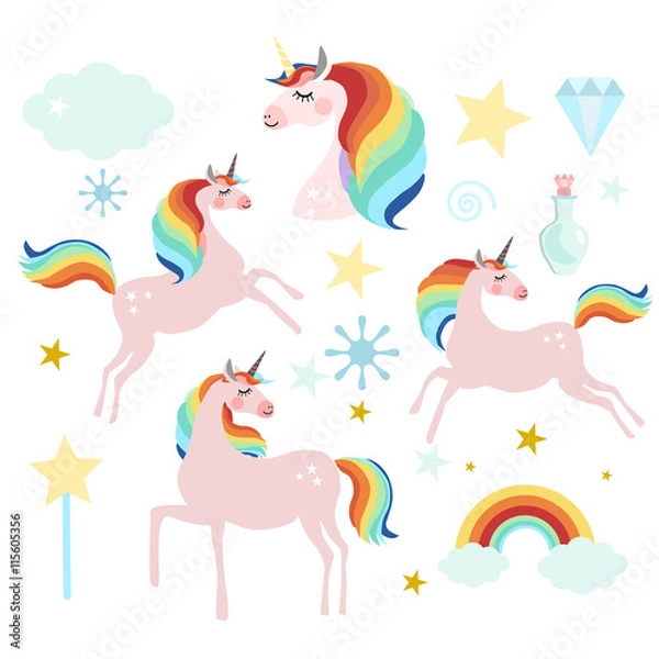 Obraz Kolekcja Magii Unicorn, izolowane obiekty wektorowe, płaski design