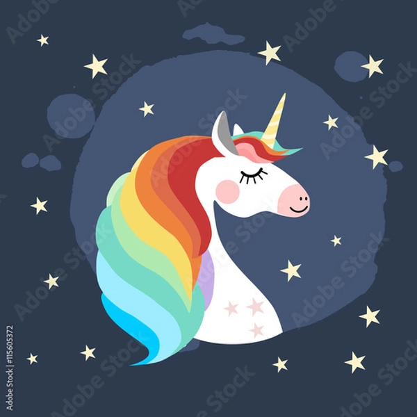 Obraz Head of a unicorn with rainbow mane and stars in the background, vector illustration