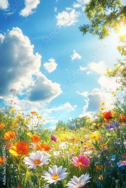 Obraz Vibrant wildflower field under a sunny sky with fluffy clouds in springtime