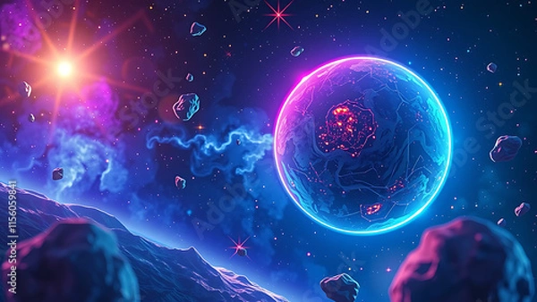 Fototapeta Illustration on the topic of outer space, interstellar travels, universe and distant galaxies.