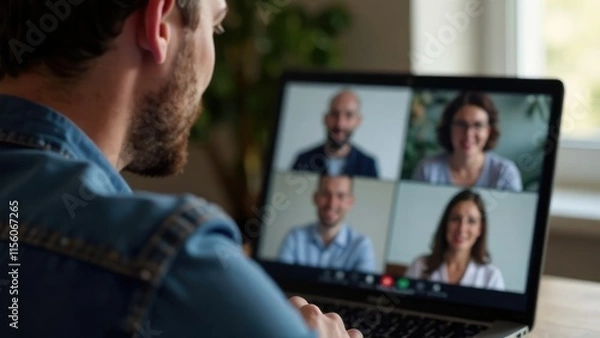 Fototapeta A person participates in a video conference call on a laptop with four other people visible on the screen. Concept of remote communication.